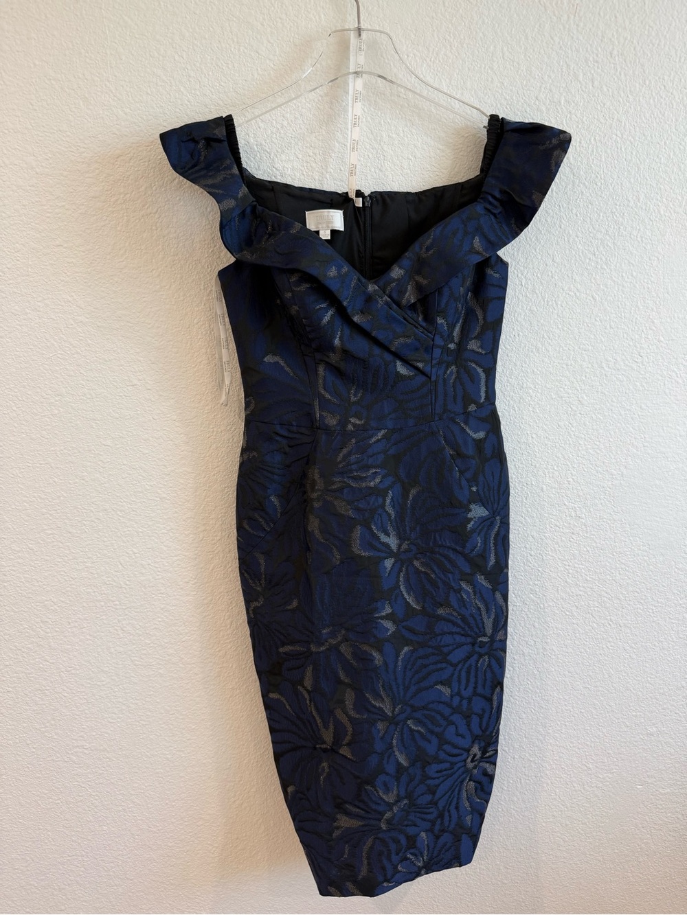 Zac Posen Navy Blue Floral Jaquard Off-Shoulder Midi Dress